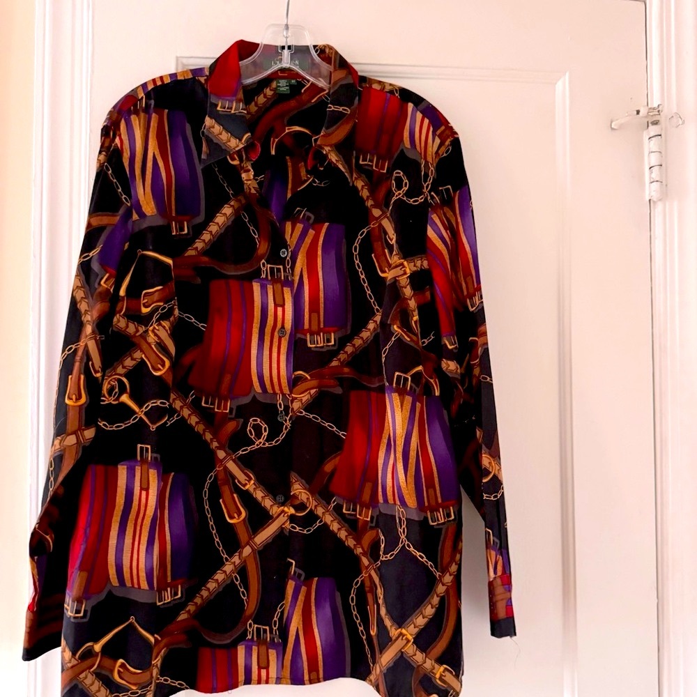 Lauren Ralph Lauren Horse Chain Button Down Cotton Shirt